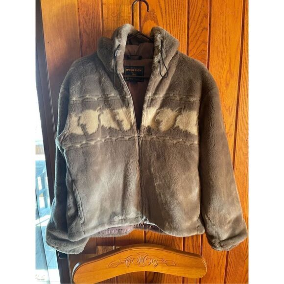 Vintage Woolrich Plush Gray Hooded Tumblewood Leaves Faux Fur Jacket Coat Sz M - Picture 3 of 10
